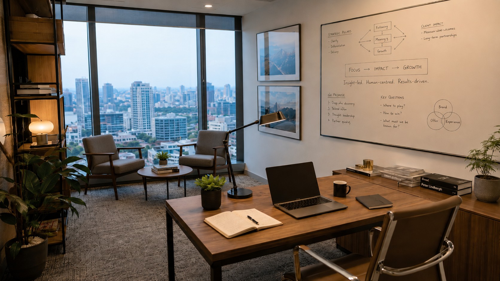 Boutique office with desk, strategy whiteboard, and city skyline view