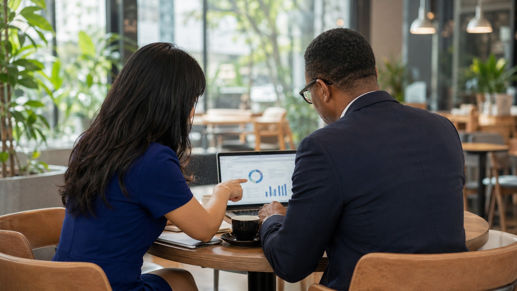 Two professionals reviewing analytics on a laptop in a cafe
