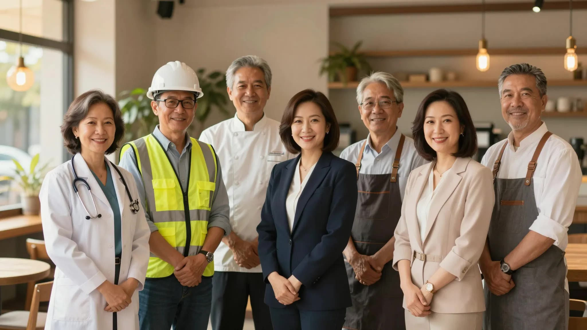 A group of small-business owners from different trades — a doctor, a construction firm owner, a chef and other entrepreneurs — standing together in a warm cafe