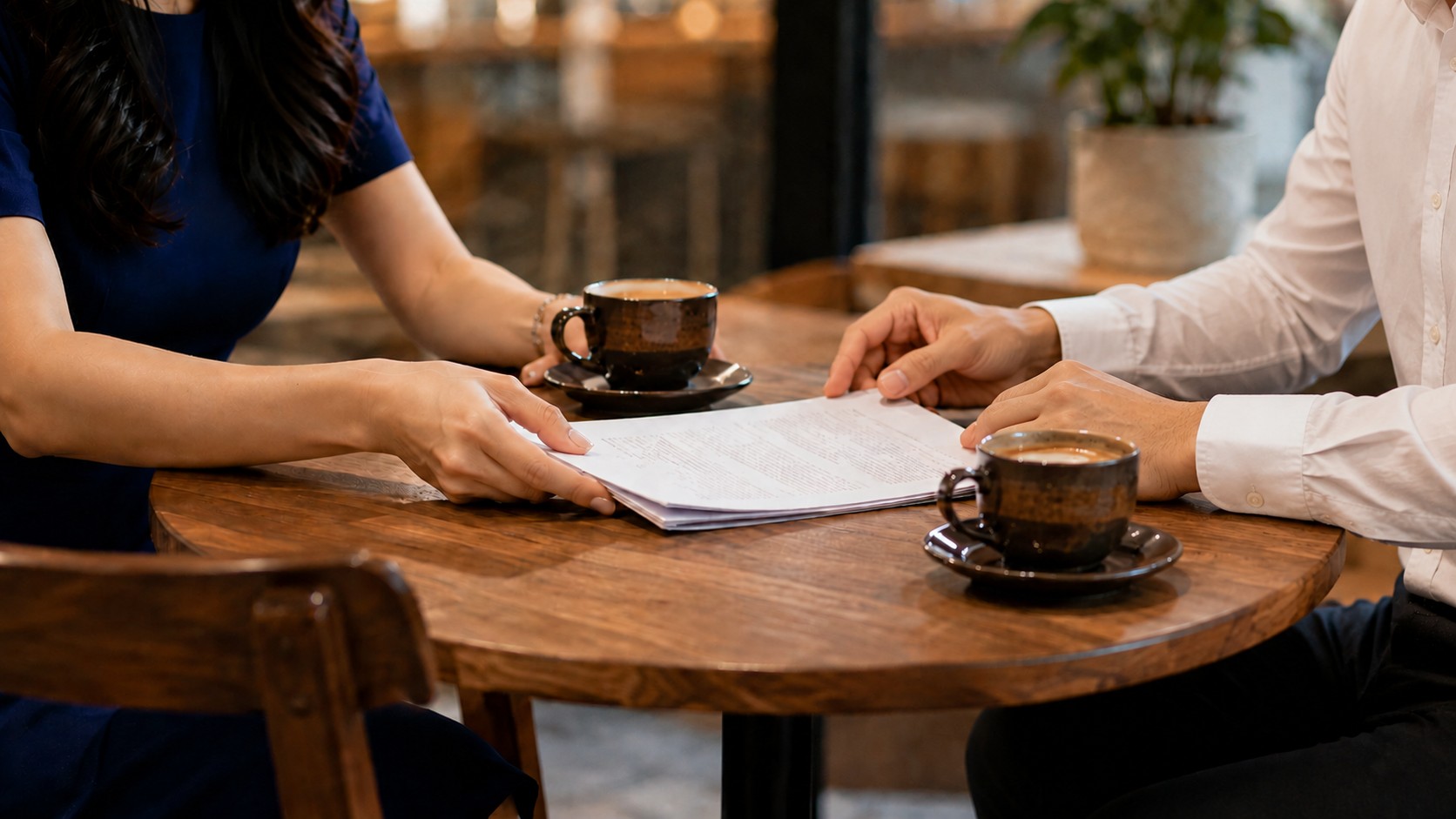Two professionals reviewing documents over coffee in a cafe