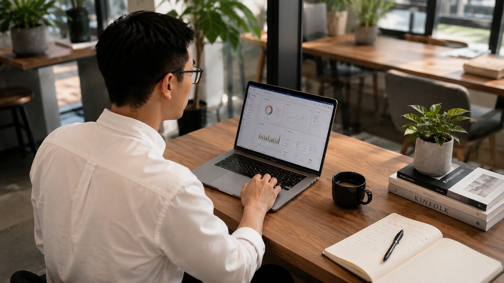 Professional working on analytics dashboard at a cafe workspace