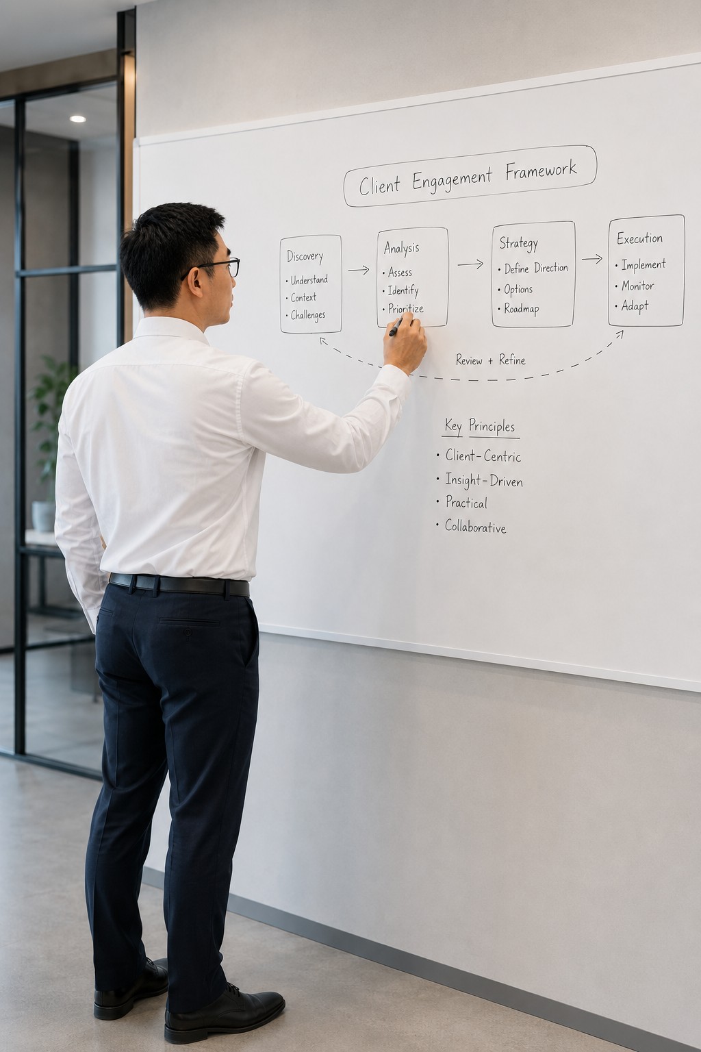 Consultant mapping a client engagement framework on a whiteboard